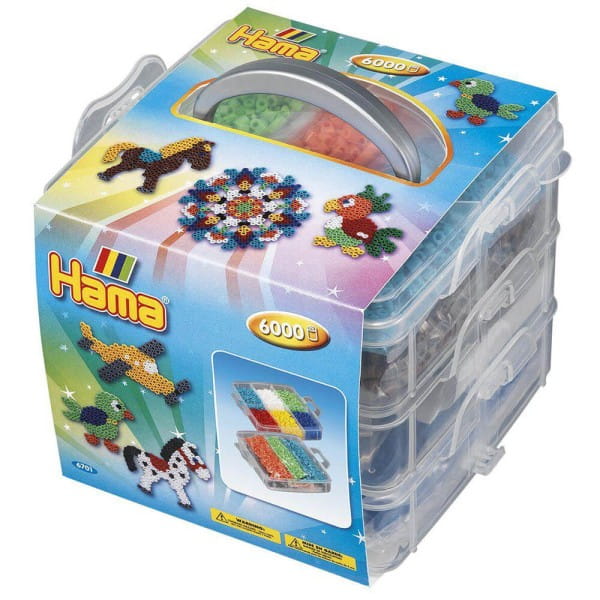 Hama Kleine Aufbewahrungsbox, gefüllt mit 6.000 Midi-Bügelperlen &amp; 3 Stiftplatten, Papagei, Pony &amp; S