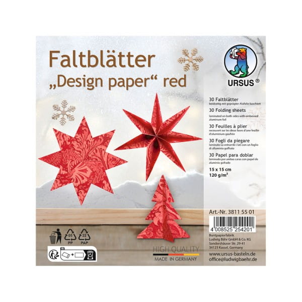 URSUS Faltblätter Designpapier rot, 120g, 15x15cm, 30Stk.