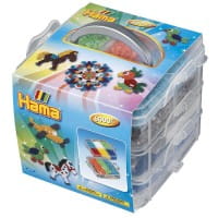Hama Kleine Aufbewahrungsbox, gefüllt mit 6.000 Midi-Bügelperlen & 3 Stiftplatten, Papagei, Pony & S
