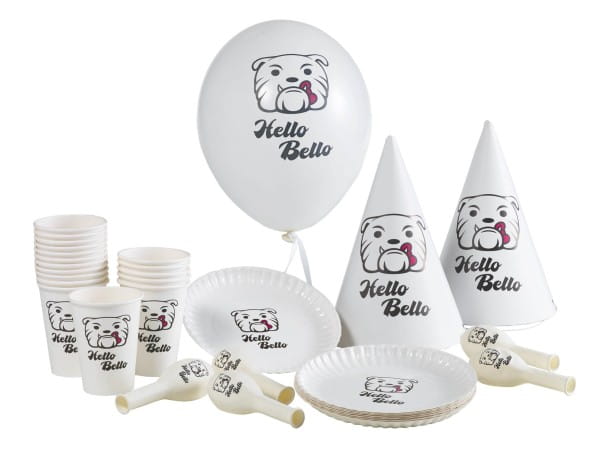 Geburtstagsdeko Hello Bello für 8 Jungs (Teller, Becher, Servietten. Luftballon &amp; Partyhut)
