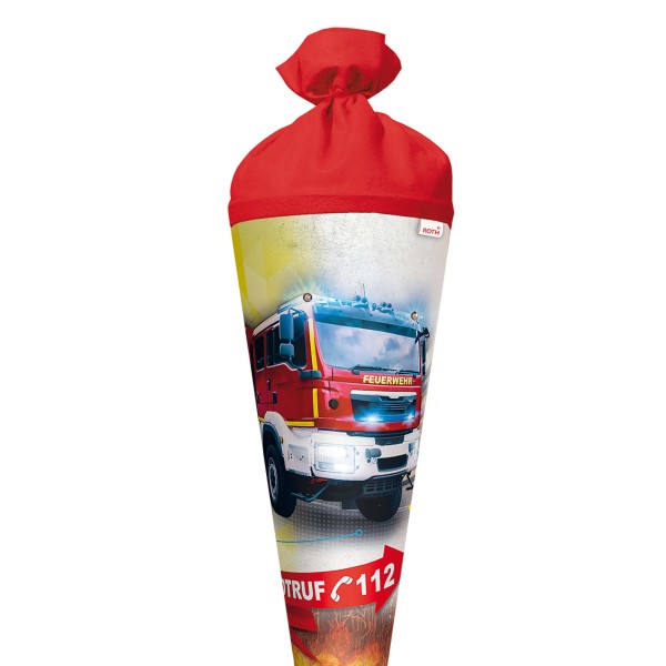 Roth Schultüte Feuerwehr, 70cm, rund, Rot(h)-Spitze, Filzverschluss, Licht